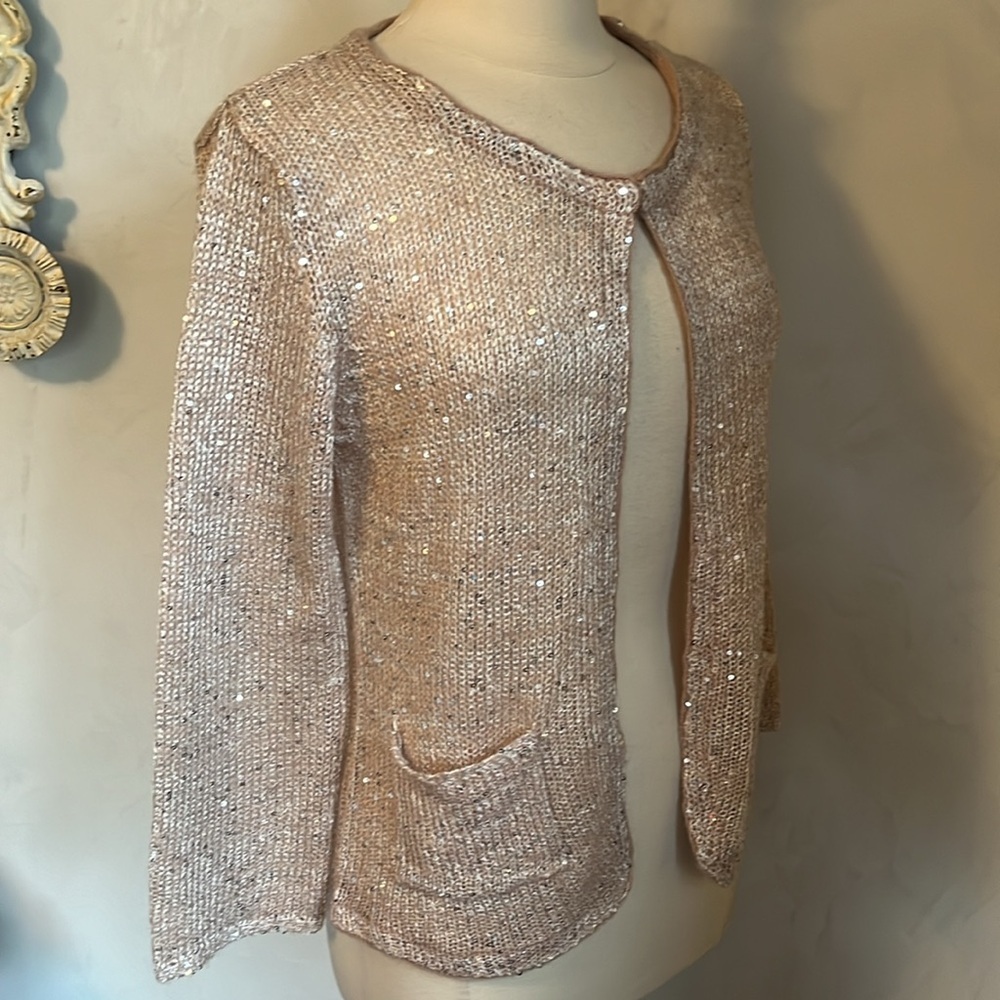 Taylor Marc’s Pink sequins light weight semi shear cardigan w/pockets Size Large - Picture 3 of 11